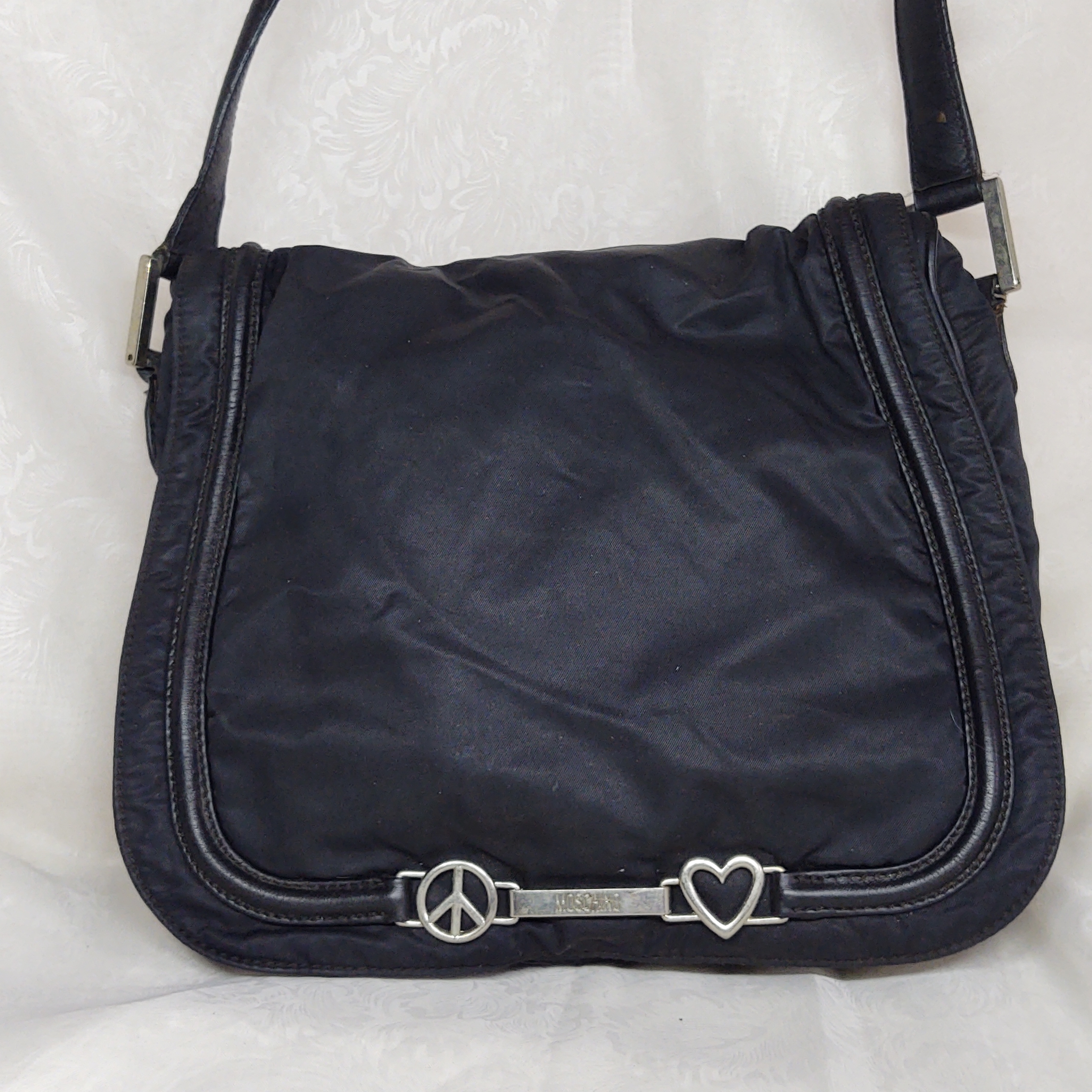 Moschino Black Shoulder Bag With Peace And Heart Accents